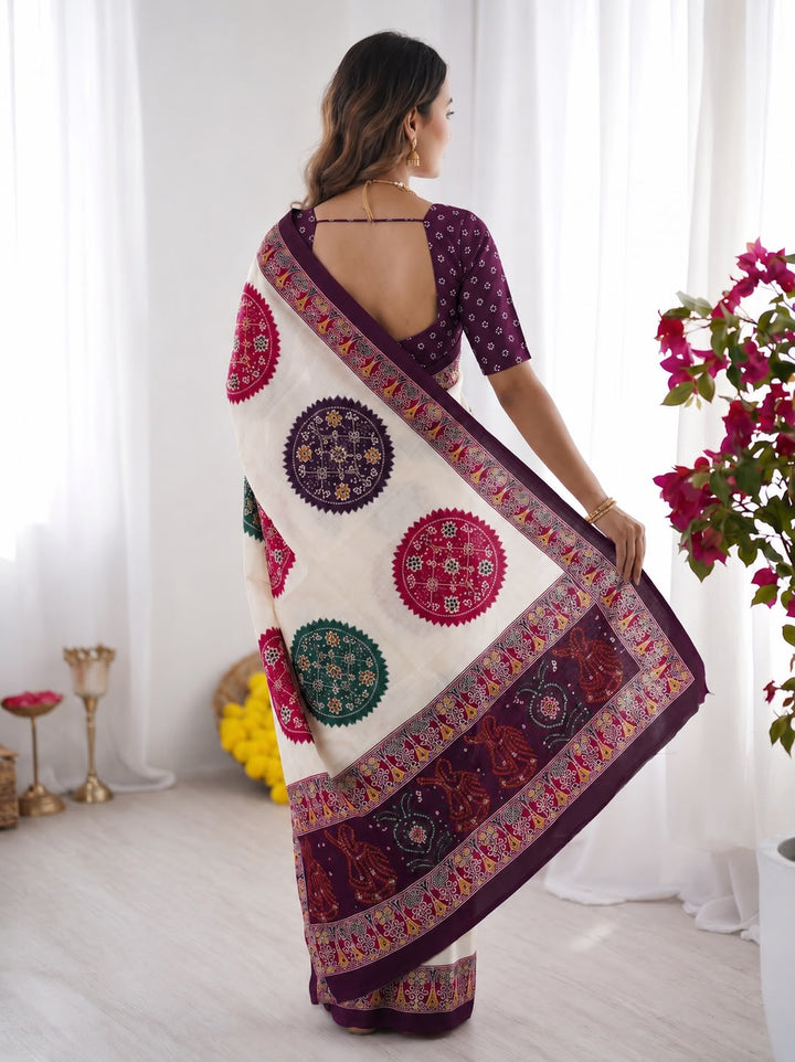 Wine Bandhani Border And Mandala Print Silk Saree