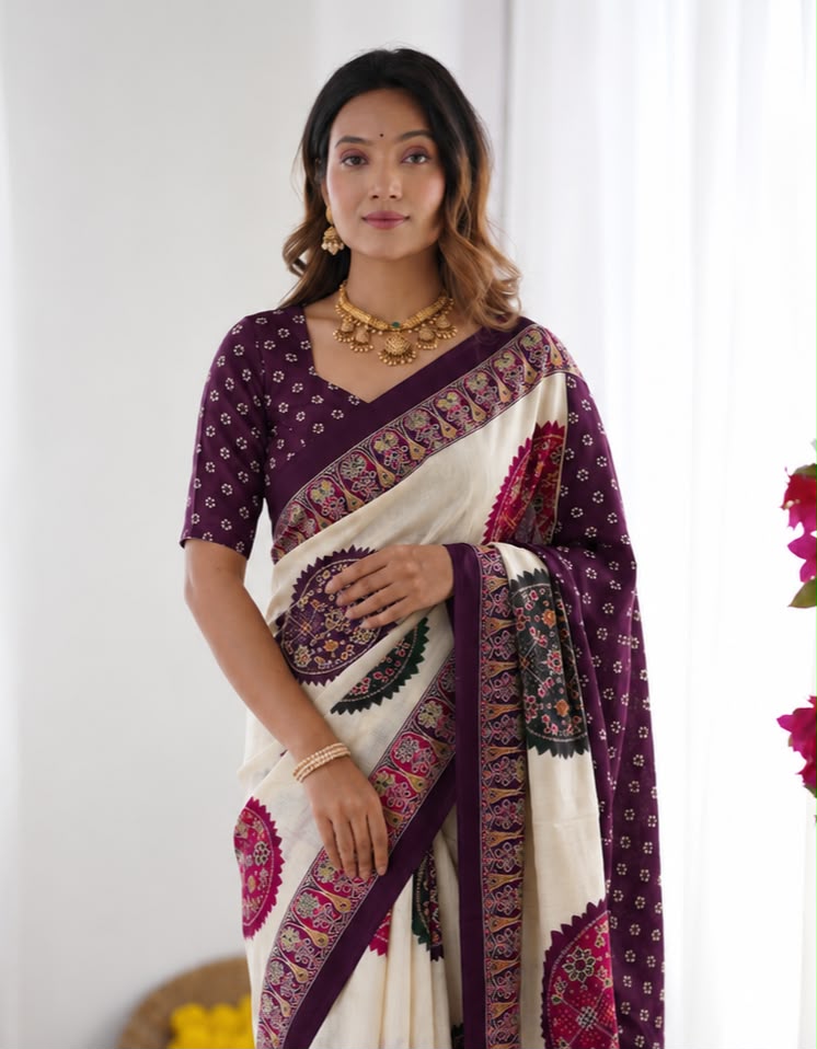 Wine Bandhani Border And Mandala Print Silk Saree
