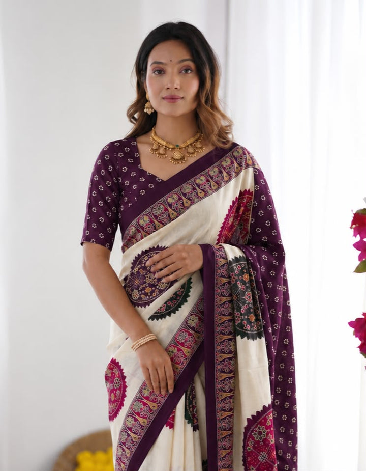 Wine Bandhani Border And Mandala Print Silk Saree