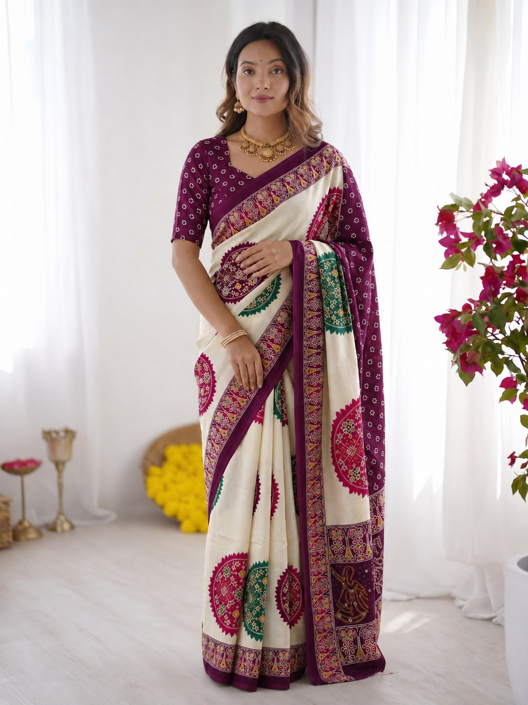 Wine Bandhani Border And Mandala Print Silk Saree