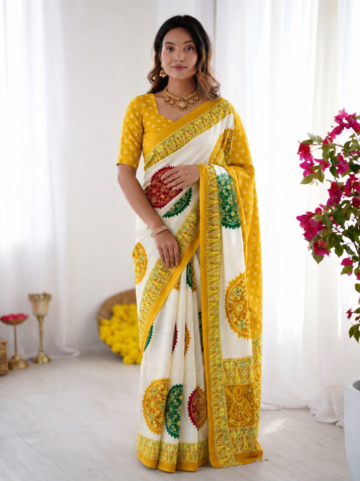 Yellow Bandhani Border And Mandala Print Silk Saree
