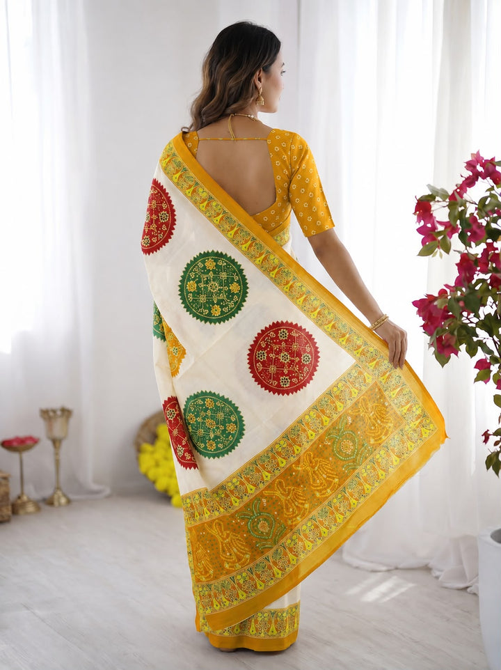 Yellow Bandhani Border And Mandala Print Silk Saree