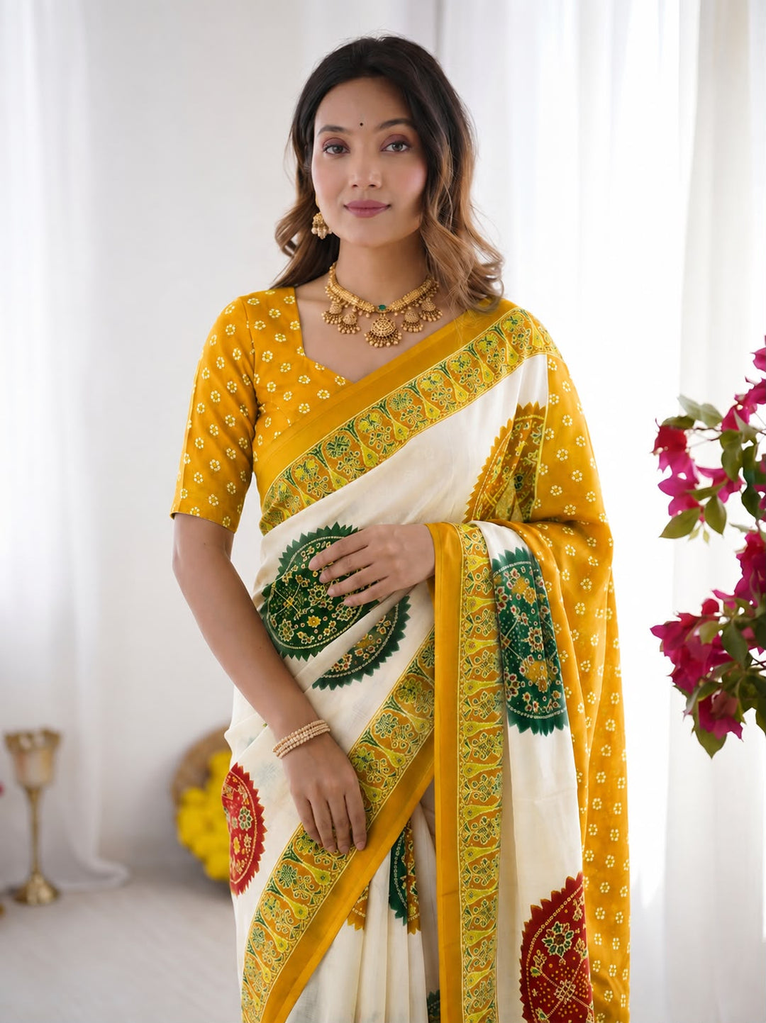 Yellow Bandhani Border And Mandala Print Silk Saree