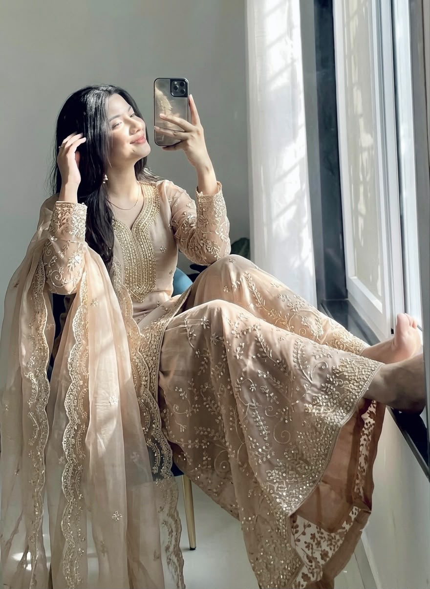 Golden Beige Silk Zari Embroidered Sharara Suit