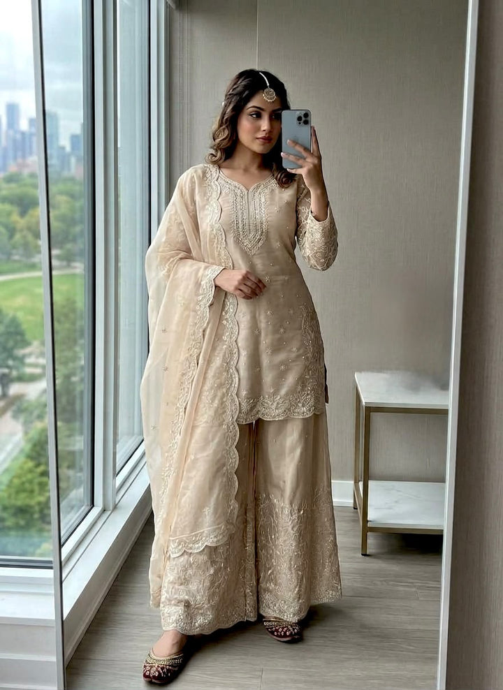 Golden Beige Silk Zari Embroidered Sharara Suit