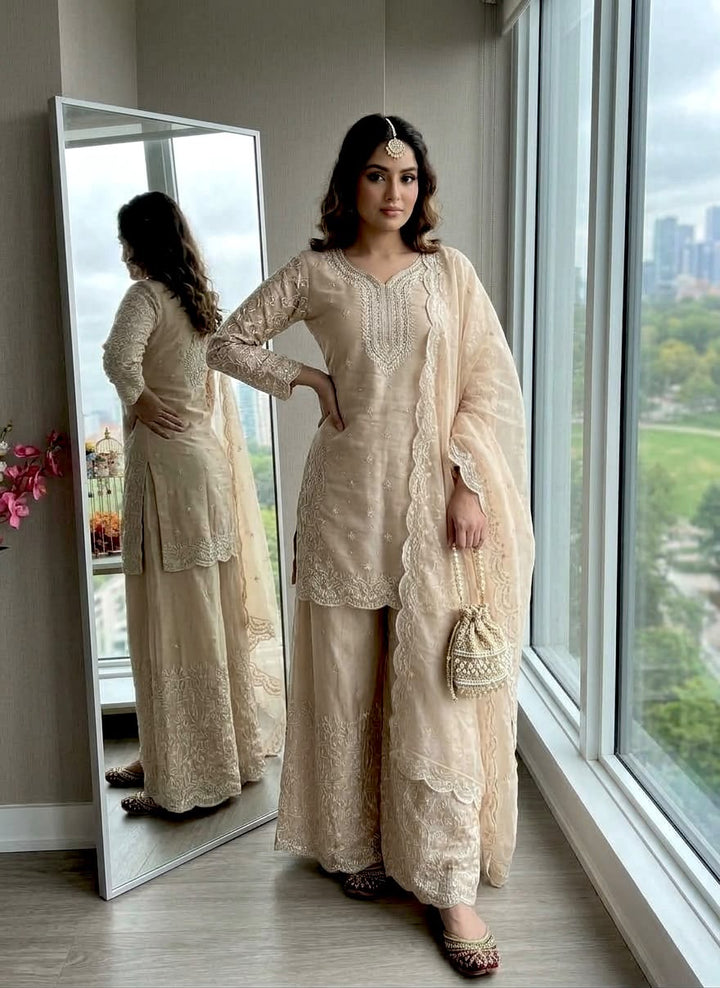 Golden Beige Silk Zari Embroidered Sharara Suit