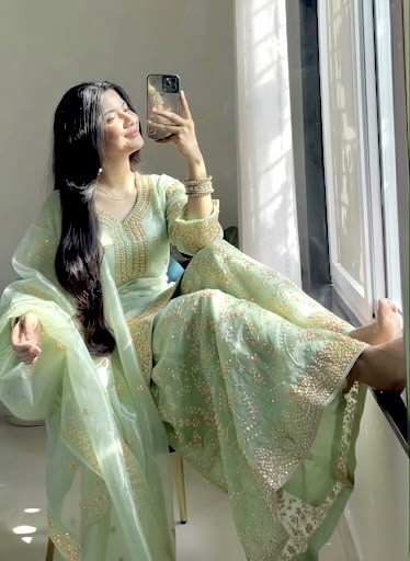 Pista Green Silk Zari Embroidered Sharara Suit