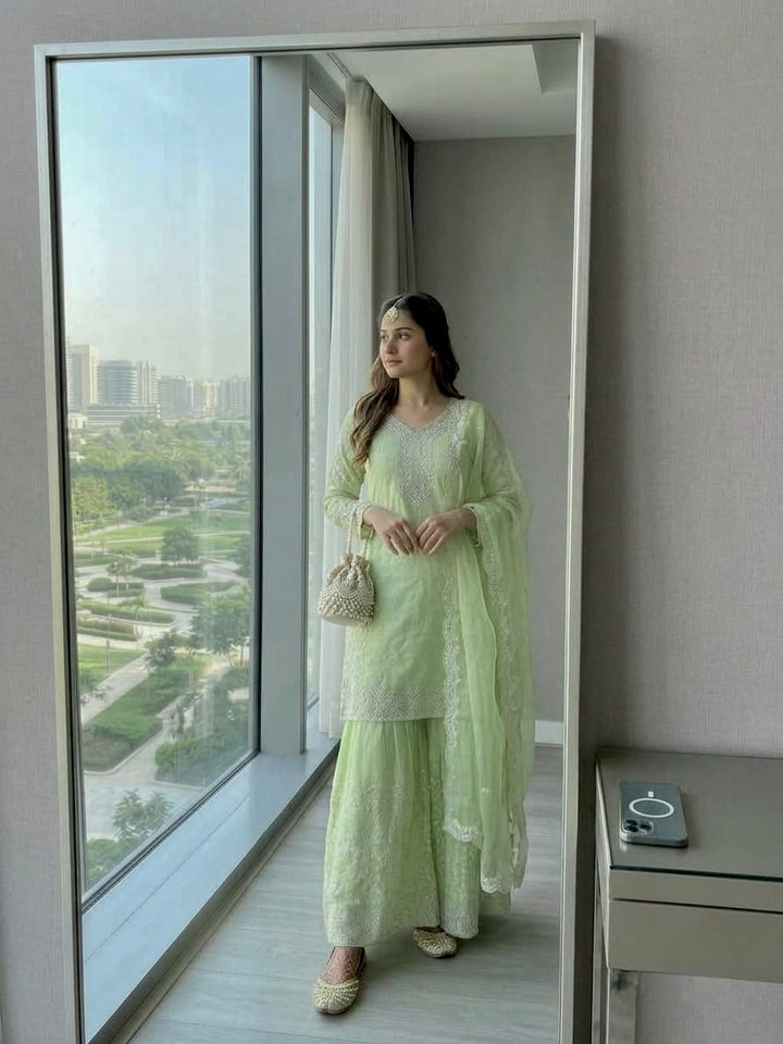 Pista Green Silk Zari Embroidered Sharara Suit