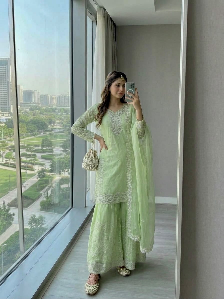 Pista Green Silk Zari Embroidered Sharara Suit