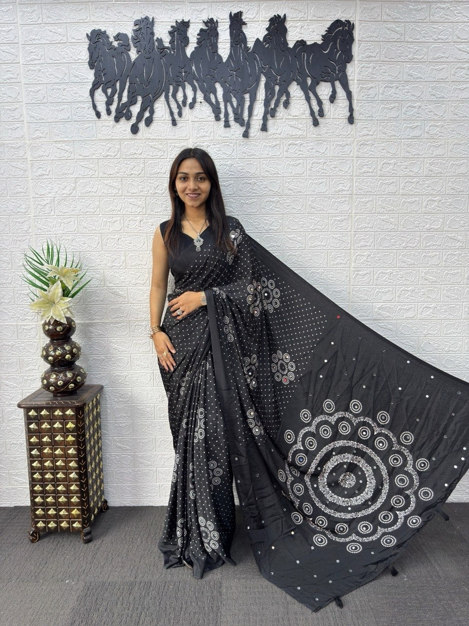 Charcoal Black Bandhani Print Mirror Work Silk Saree