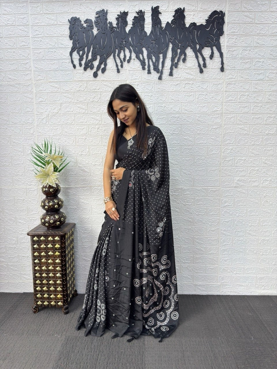 Charcoal Black Bandhani Print Mirror Work Silk Saree