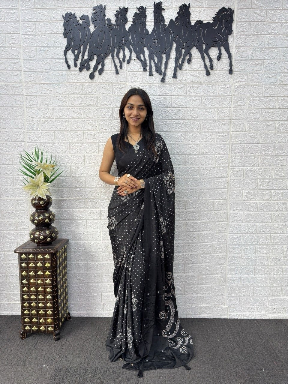 Charcoal Black Bandhani Print Mirror Work Silk Saree