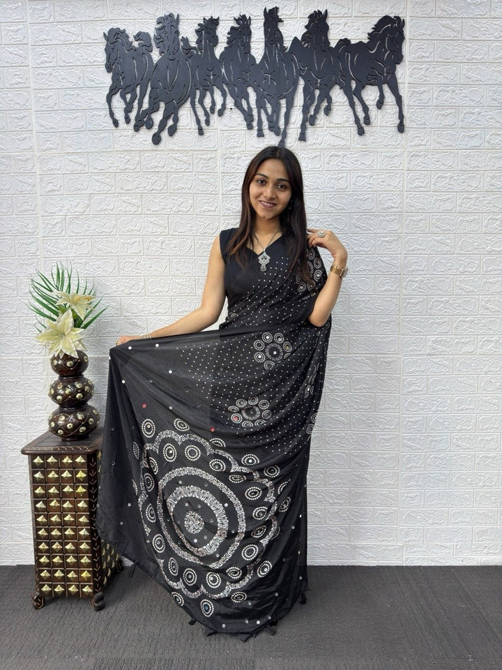 Charcoal Black Bandhani Print Mirror Work Silk Saree