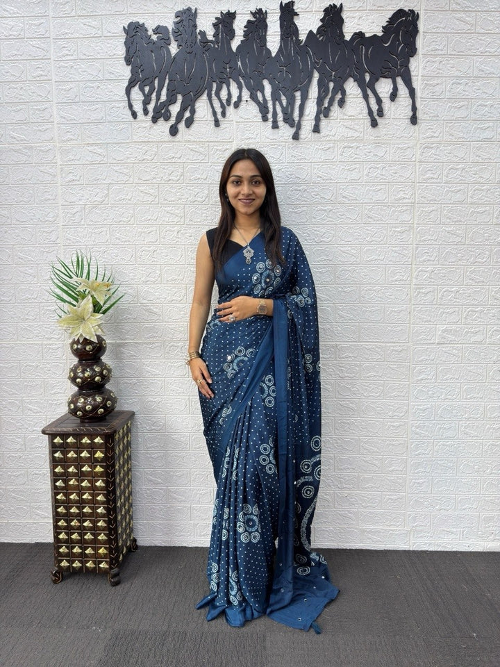 Teal Blue Bandhani Print Mirror Work Silk Saree