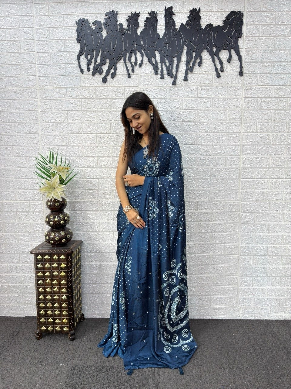 Teal Blue Bandhani Print Mirror Work Silk Saree