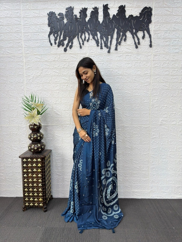 Teal Blue Bandhani Print Mirror Work Silk Saree