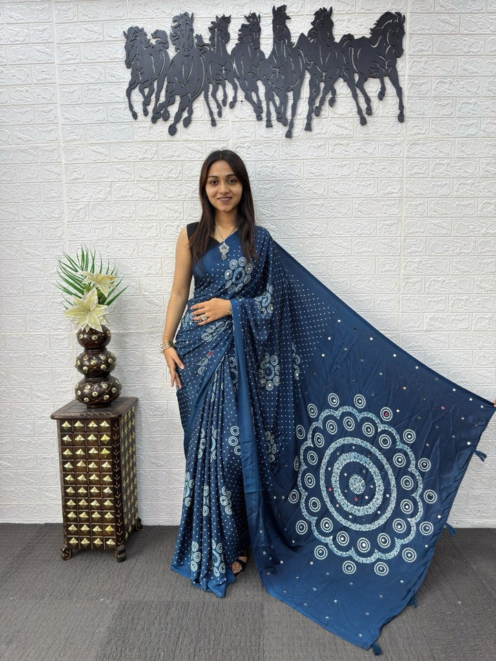 Teal Blue Bandhani Print Mirror Work Silk Saree