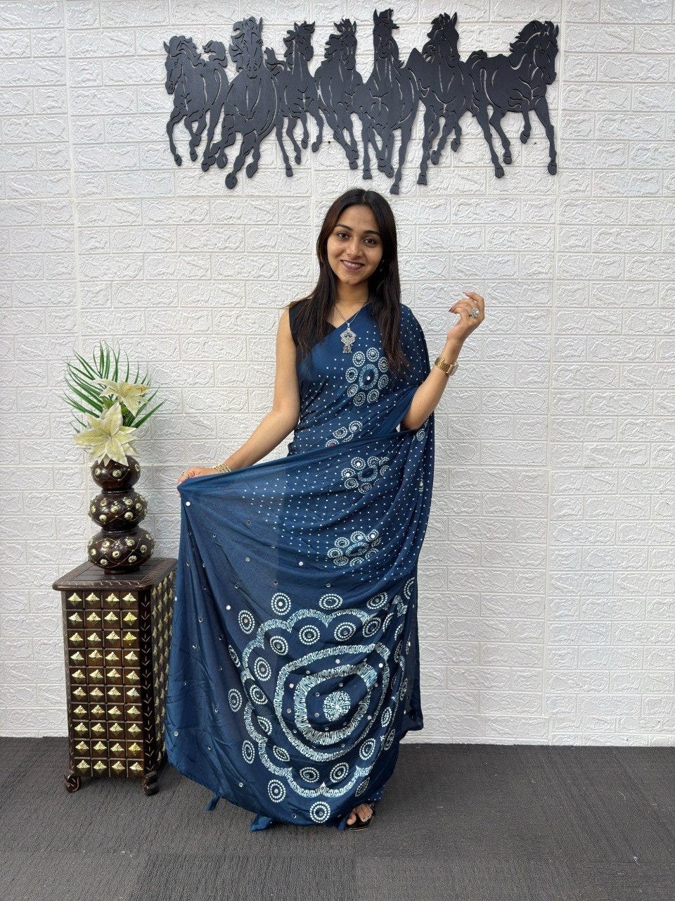 Teal Blue Bandhani Print Mirror Work Silk Saree