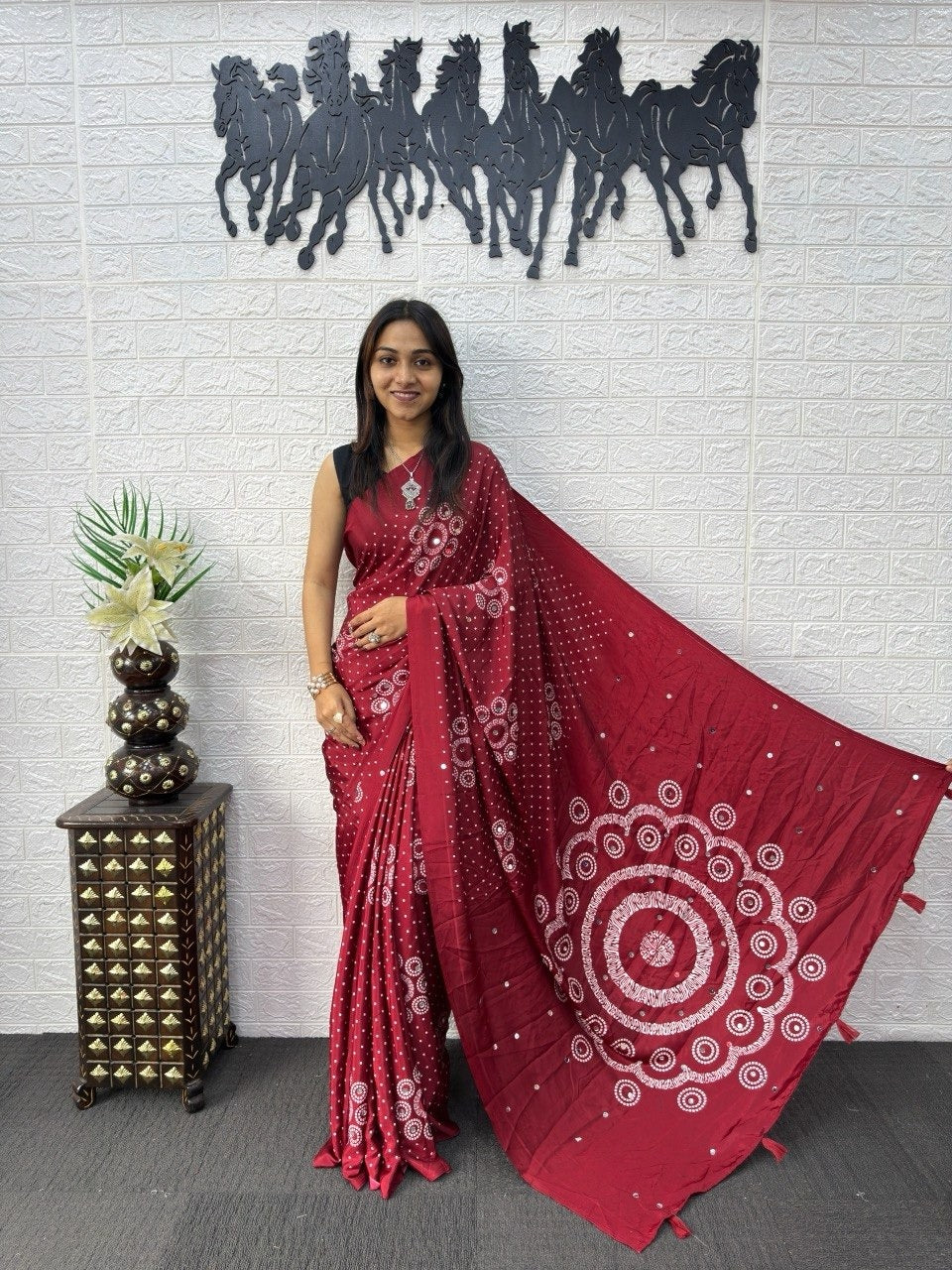 Crimson Red Bandhani Print Mirror Work Silk Saree