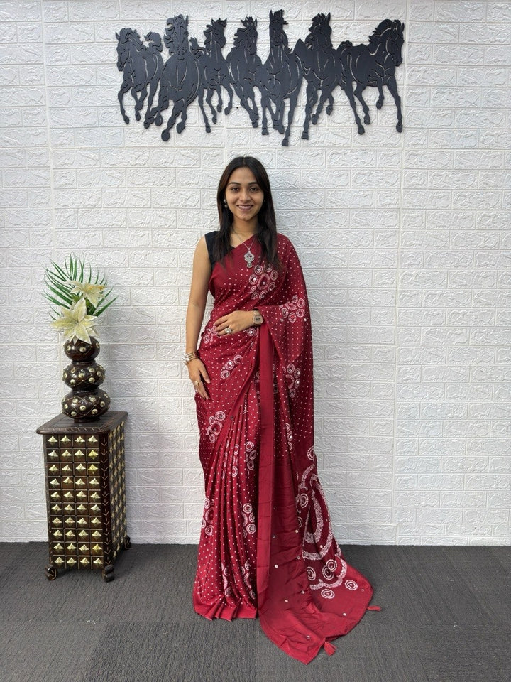 Crimson Red Bandhani Print Mirror Work Silk Saree
