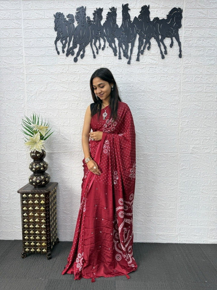 Crimson Red Bandhani Print Mirror Work Silk Saree