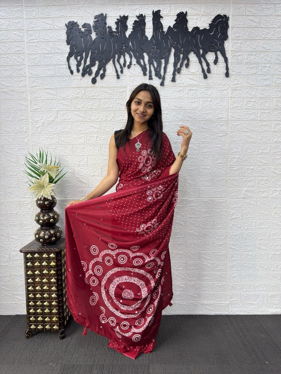 Crimson Red Bandhani Print Mirror Work Silk Saree