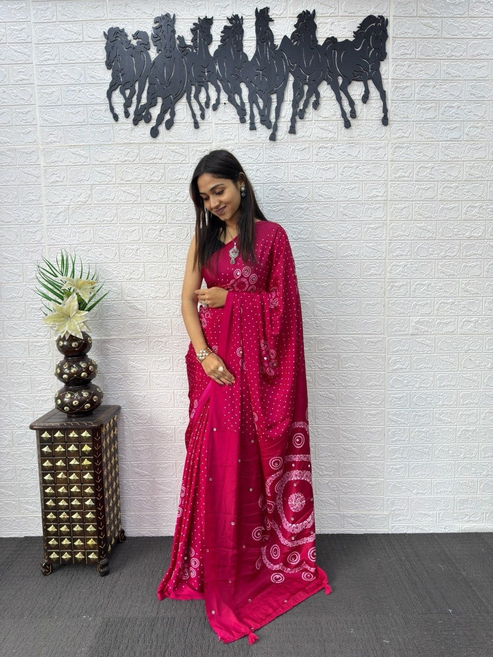 Rani Pink Bandhani Print Mirror Work Silk Saree