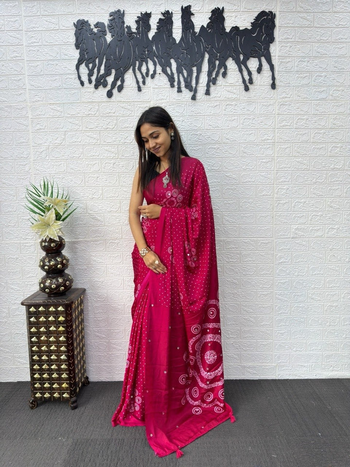 Rani Pink Bandhani Print Mirror Work Silk Saree