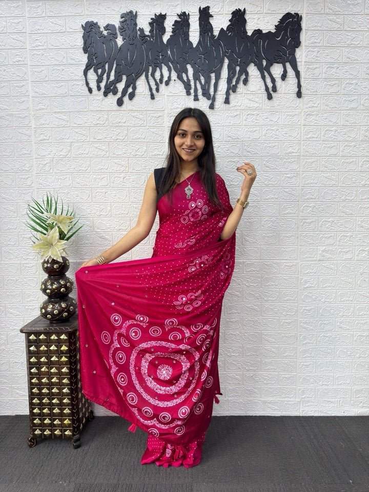 Rani Pink Bandhani Print Mirror Work Silk Saree