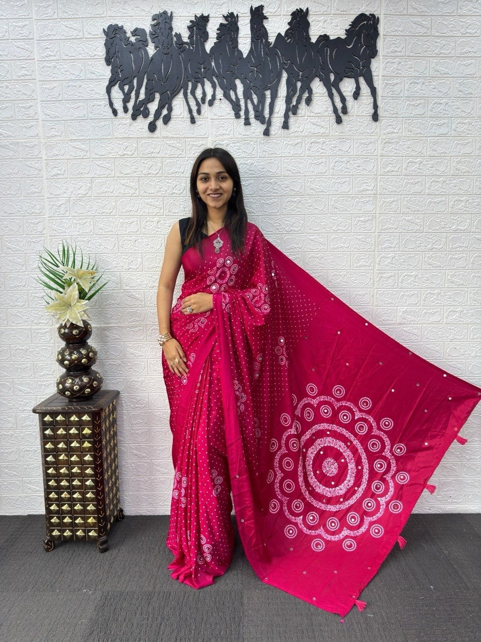 Rani Pink Bandhani Print Mirror Work Silk Saree
