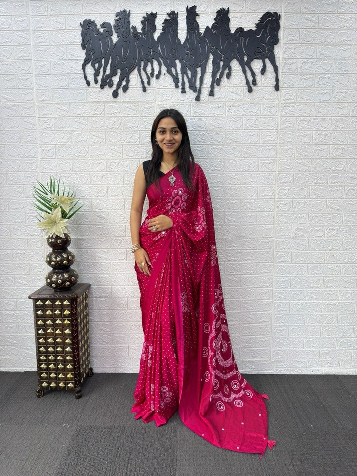 Rani Pink Bandhani Print Mirror Work Silk Saree
