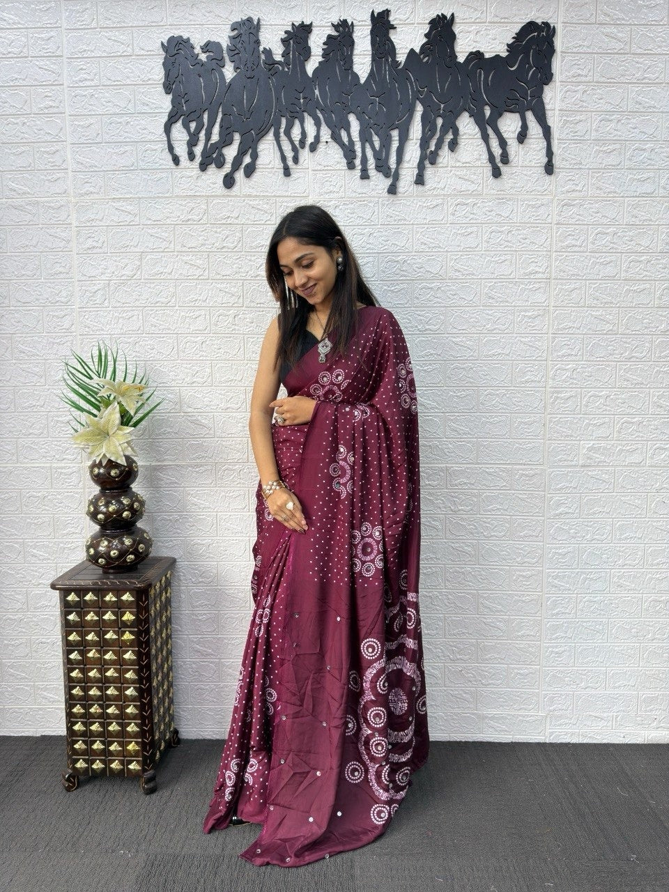Wine Bandhani Print Mirror Work Silk Saree