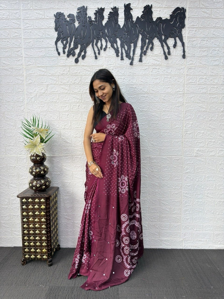 Wine Bandhani Print Mirror Work Silk Saree