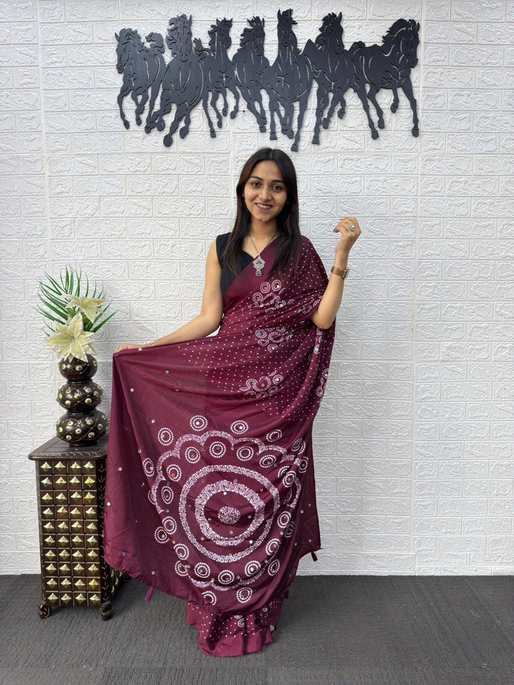 Wine Bandhani Print Mirror Work Silk Saree