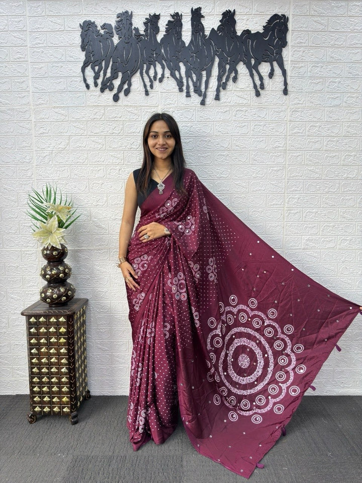 Wine Bandhani Print Mirror Work Silk Saree