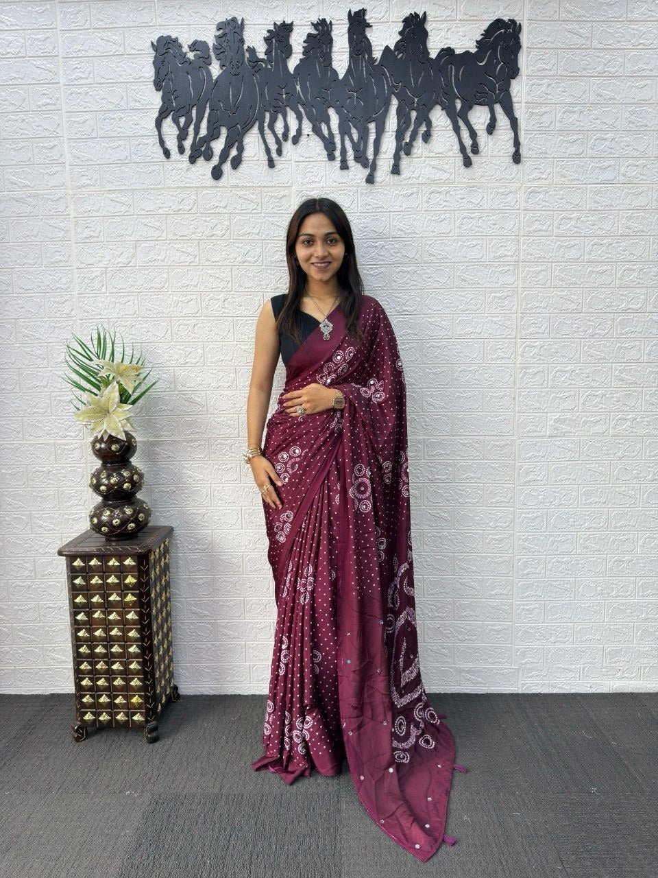 Wine Bandhani Print Mirror Work Silk Saree