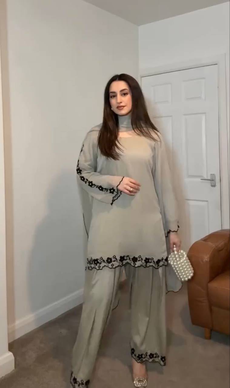 Beige Grey Short Kurta Palazzo Set With Cutwork Embroidery