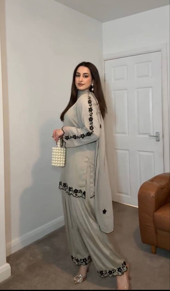 Beige Grey Short Kurta Palazzo Set With Cutwork Embroidery