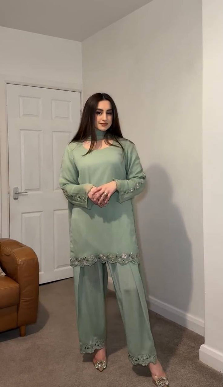 Mint Green Short Kurta Palazzo Set With Cutwork Embroidery