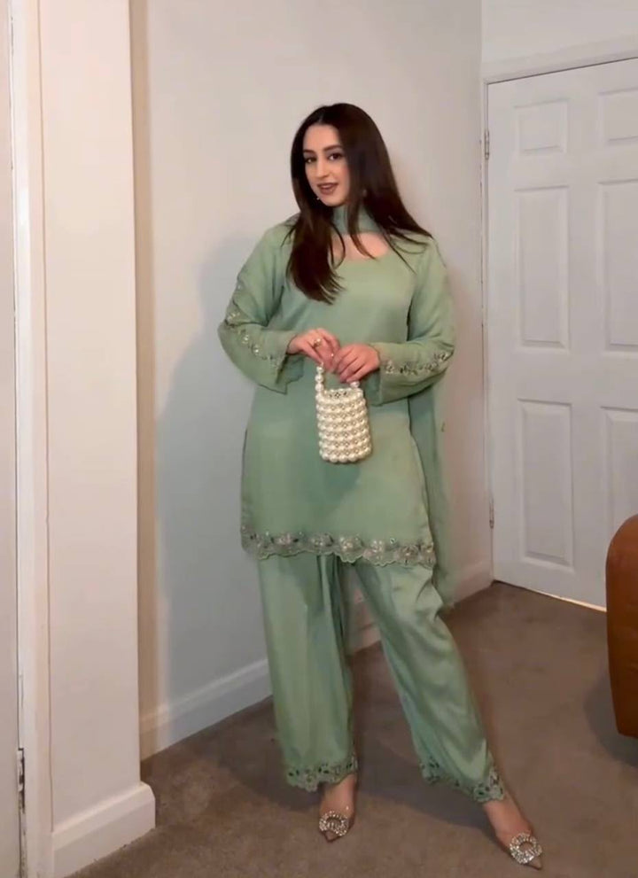 Mint Green Short Kurta Palazzo Set With Cutwork Embroidery
