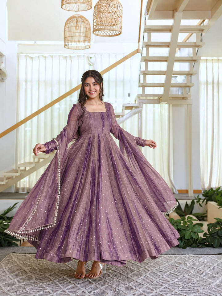 Onion Color Scalloped Neck Salsa Silk Gown