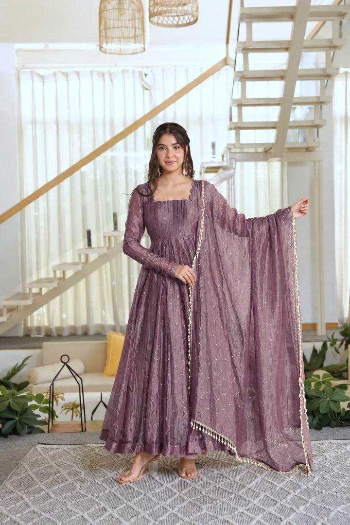 Onion Color Scalloped Neck Salsa Silk Gown