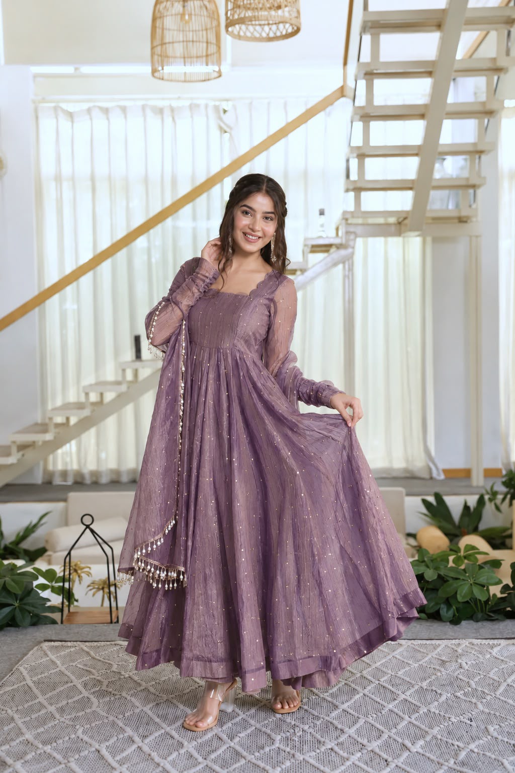 Onion Color Scalloped Neck Salsa Silk Gown