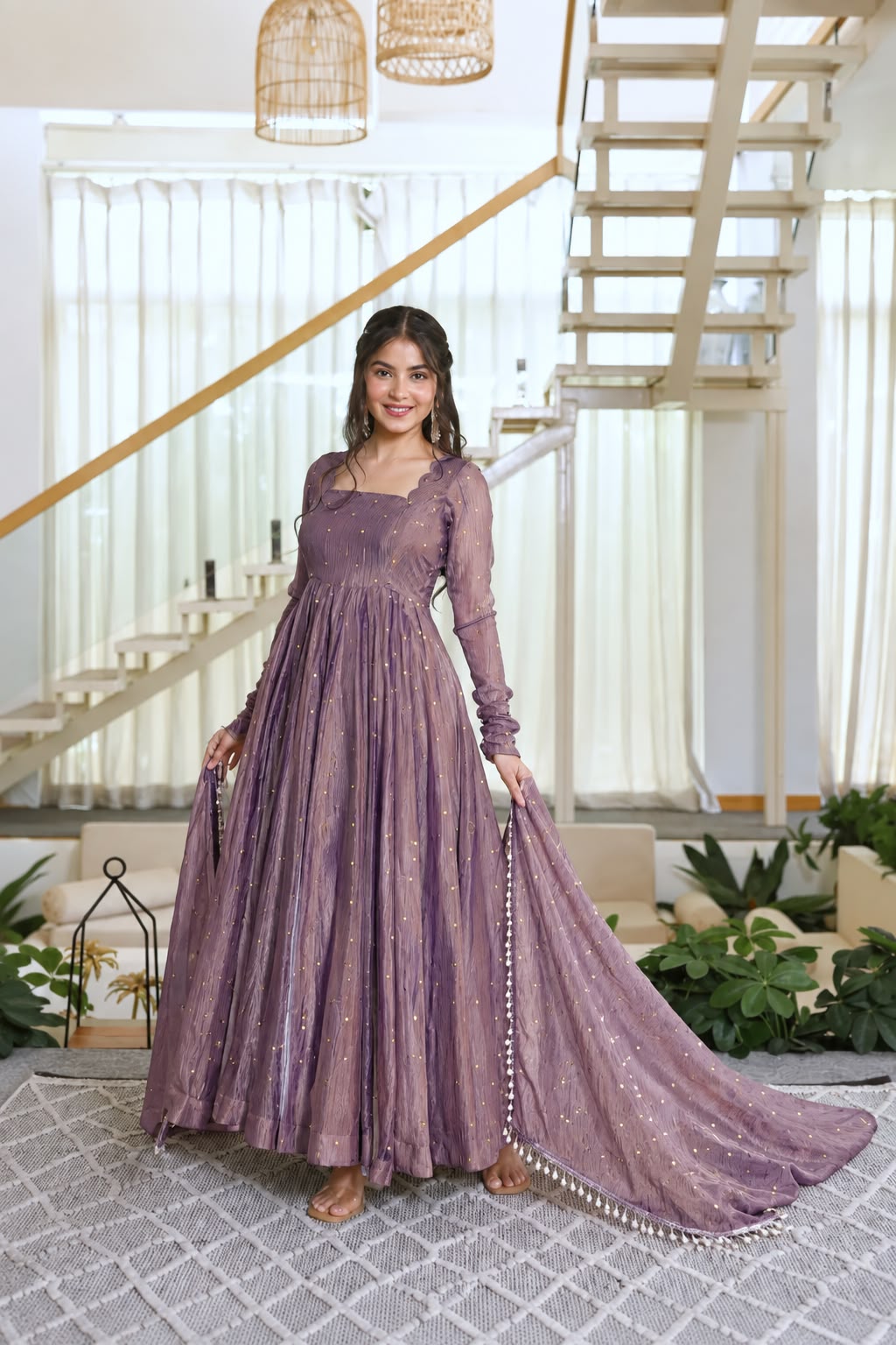 Onion Color Scalloped Neck Salsa Silk Gown