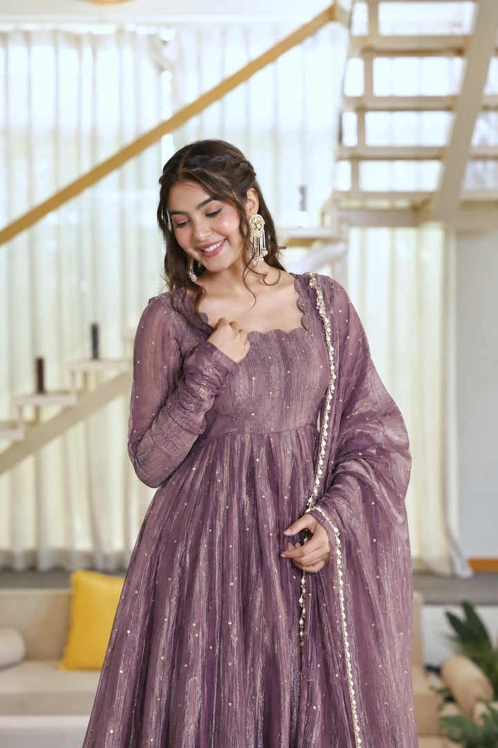 Onion Color Scalloped Neck Salsa Silk Gown
