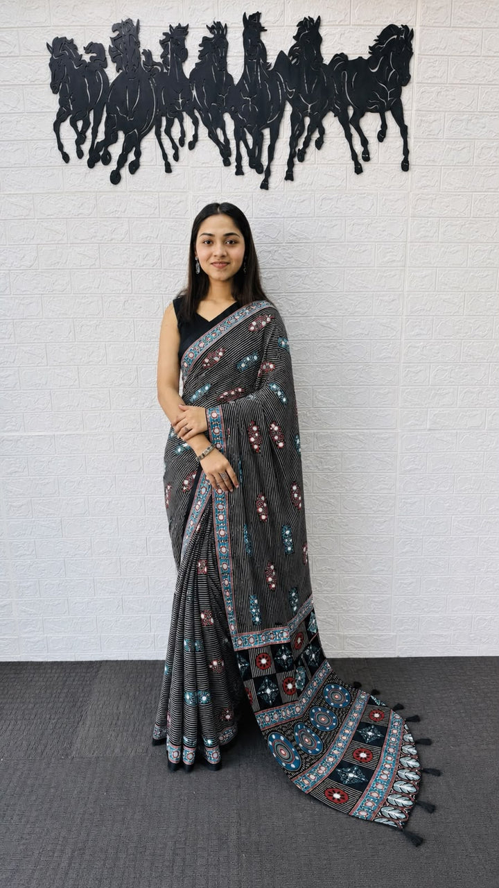 6 color Stripe Mirror Work Printed Silk Saree