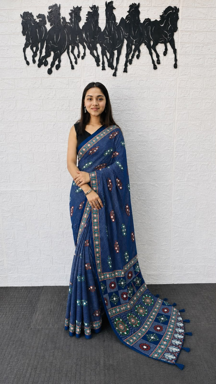 6 color Stripe Mirror Work Printed Silk Saree