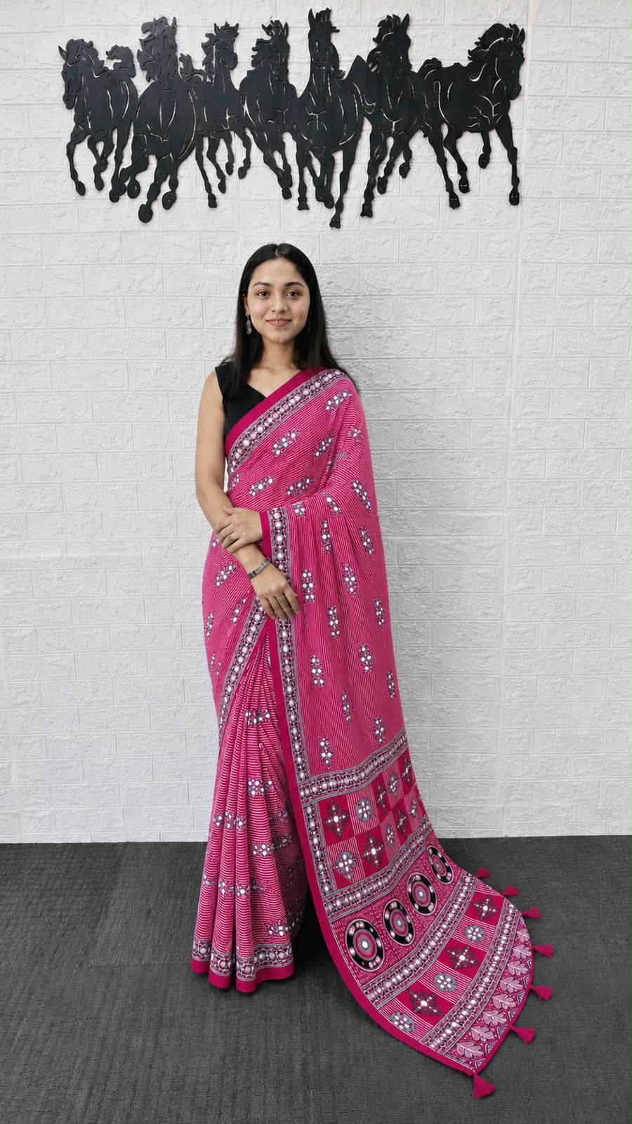 6 color Stripe Mirror Work Printed Silk Saree