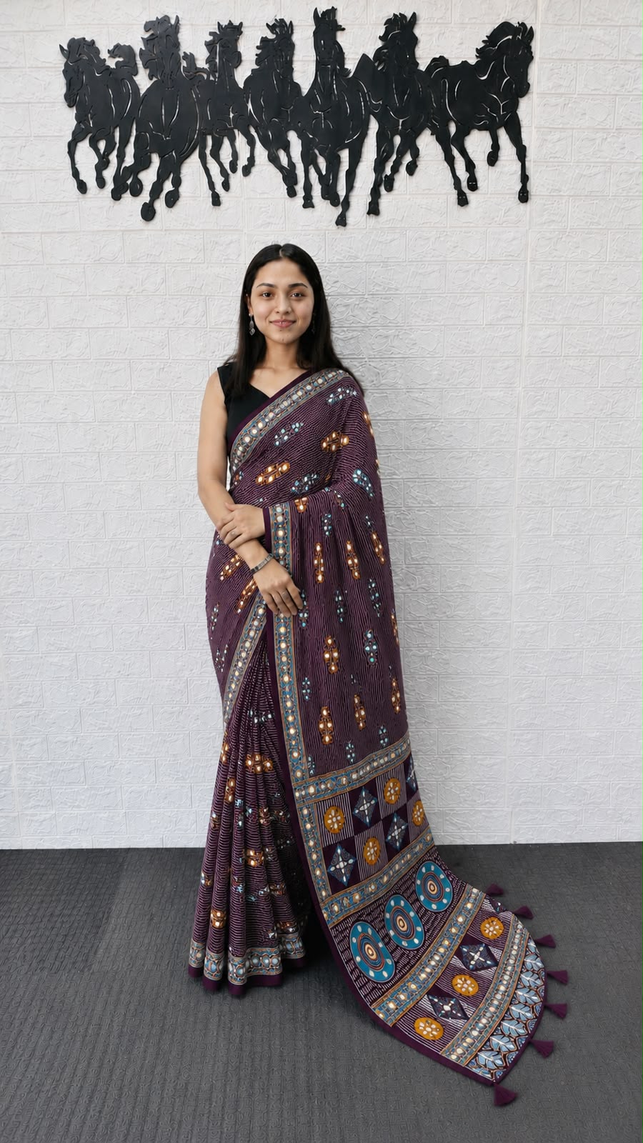 6 color Stripe Mirror Work Printed Silk Saree