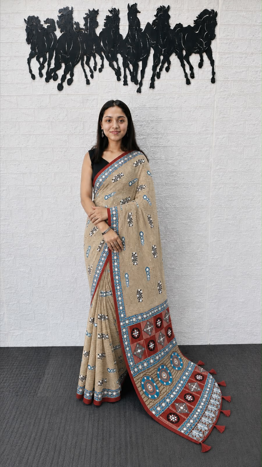6 color Stripe Mirror Work Printed Silk Saree